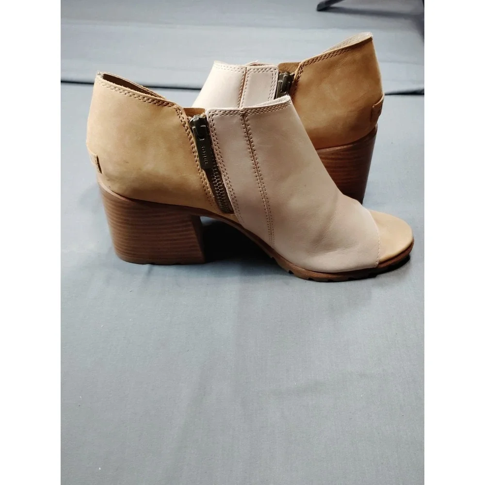 Sorel Nadia Women 11 Leather Ankle Booties Chunky Heel Zip Peep Toe Boho Sandals